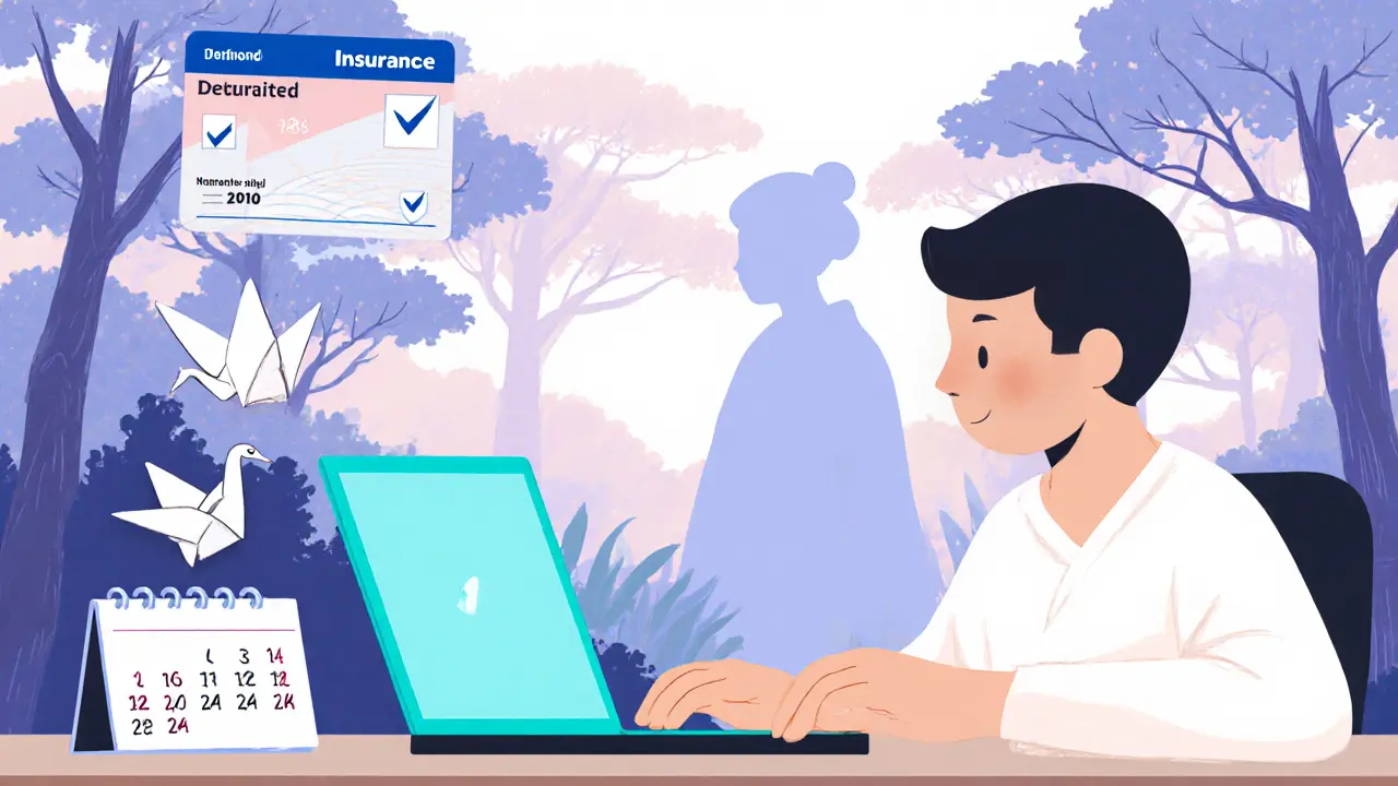 Osoba na laptopu během on‑line terapie, s motivy pojištění a kalendáře.