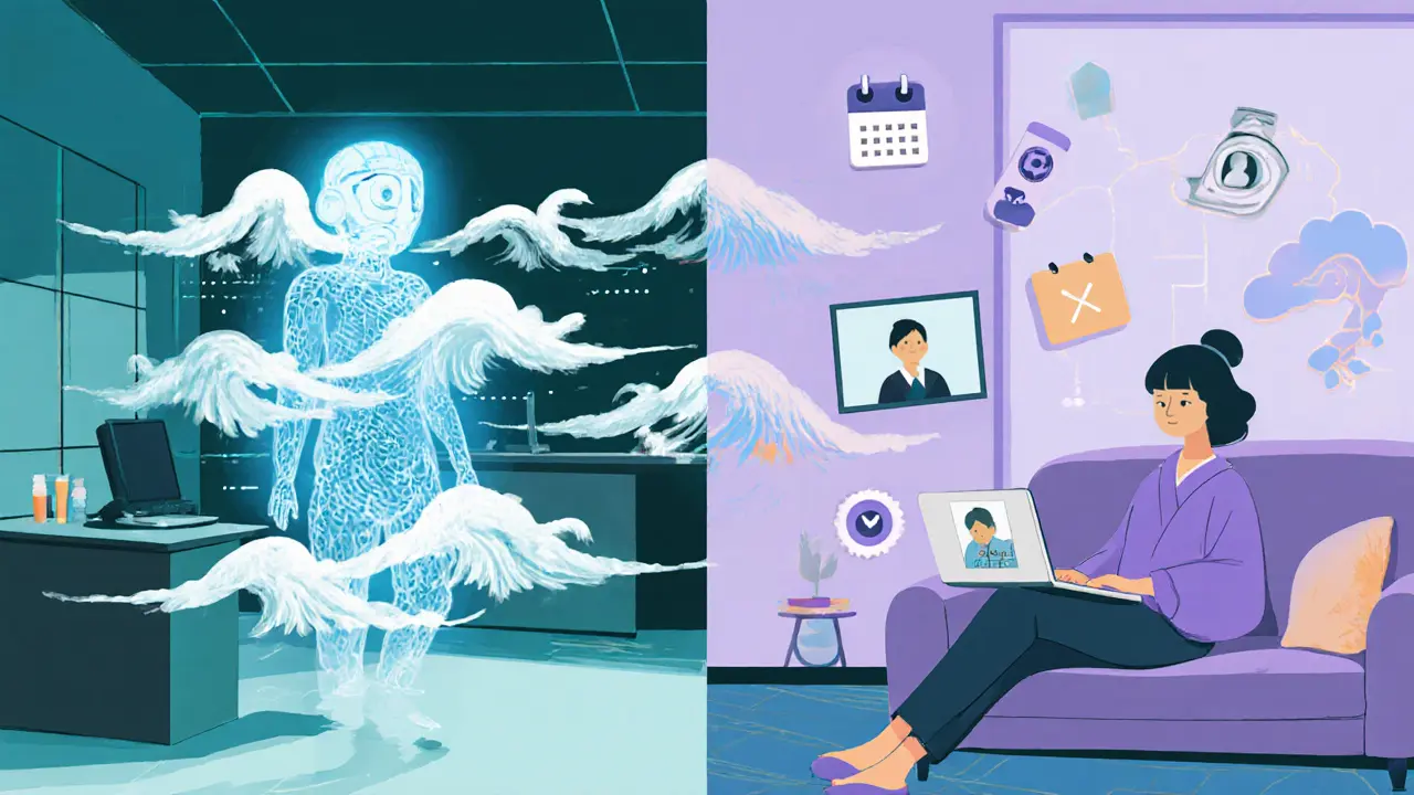 Hybridní terapie s AI a online platformou, symbolizující budoucí trendy, v ukiyo‑e stylu.