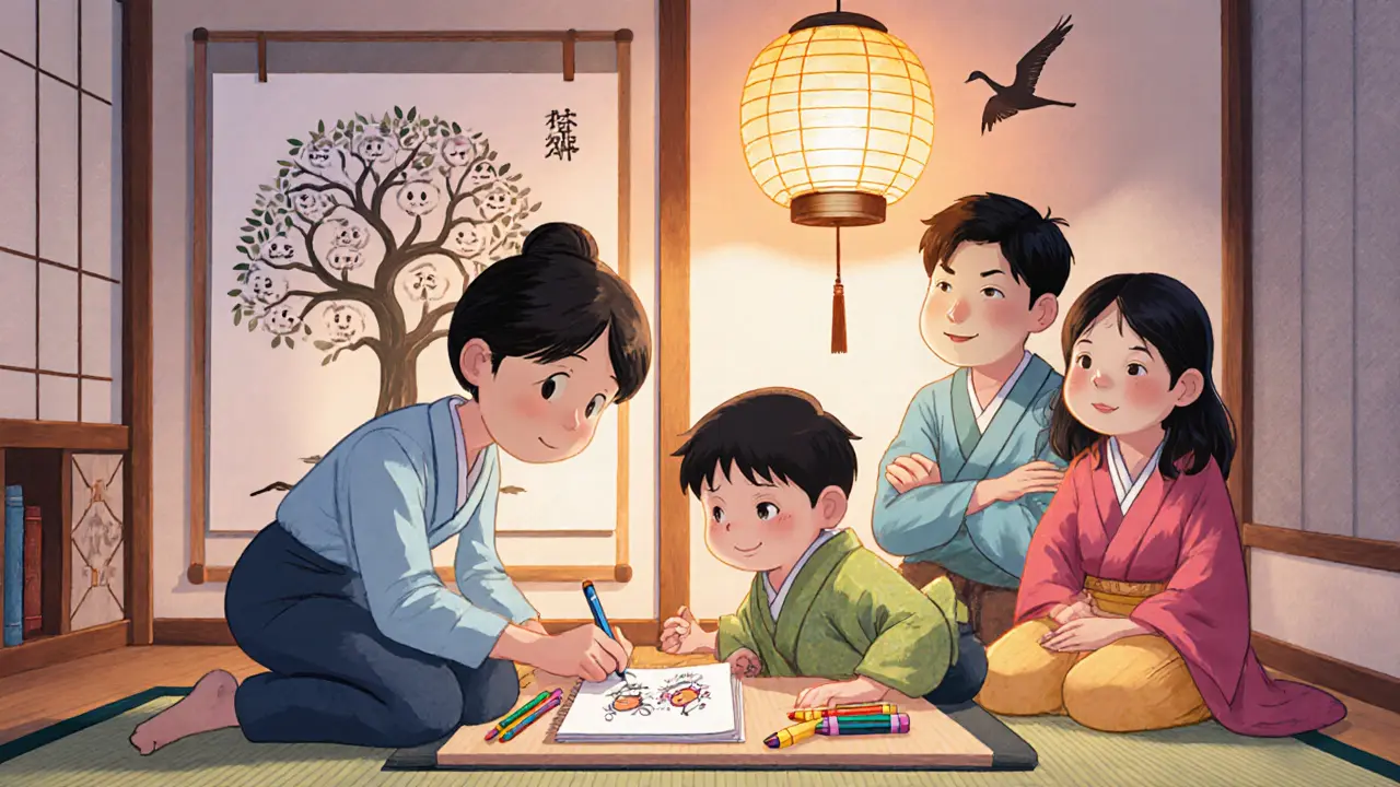 Rodinná terapie: terapeut s dětmi kreslí, rodiče přítomní, v místnosti s japonskými motivy.