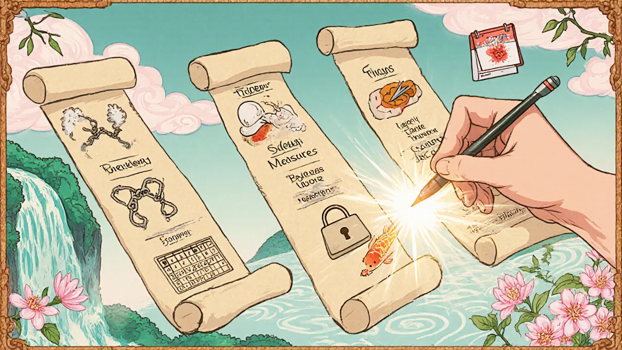 Ruka píše krizový plán na svitky, okolo leží symbolické ikony kroků.