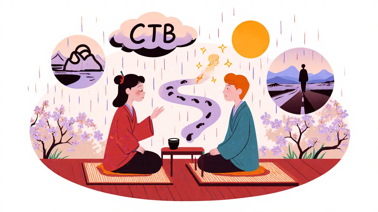 Terapeutické sezení ukazující různé psychoterapeutické metody, v karikatuře ukiyo‑e.