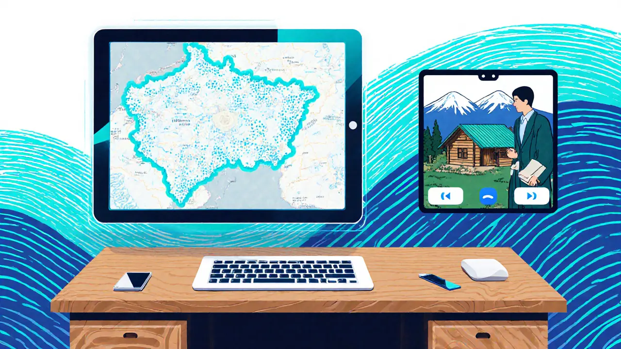 Digitální krizové centrum s tabletem a videohovorem v horské chatě.