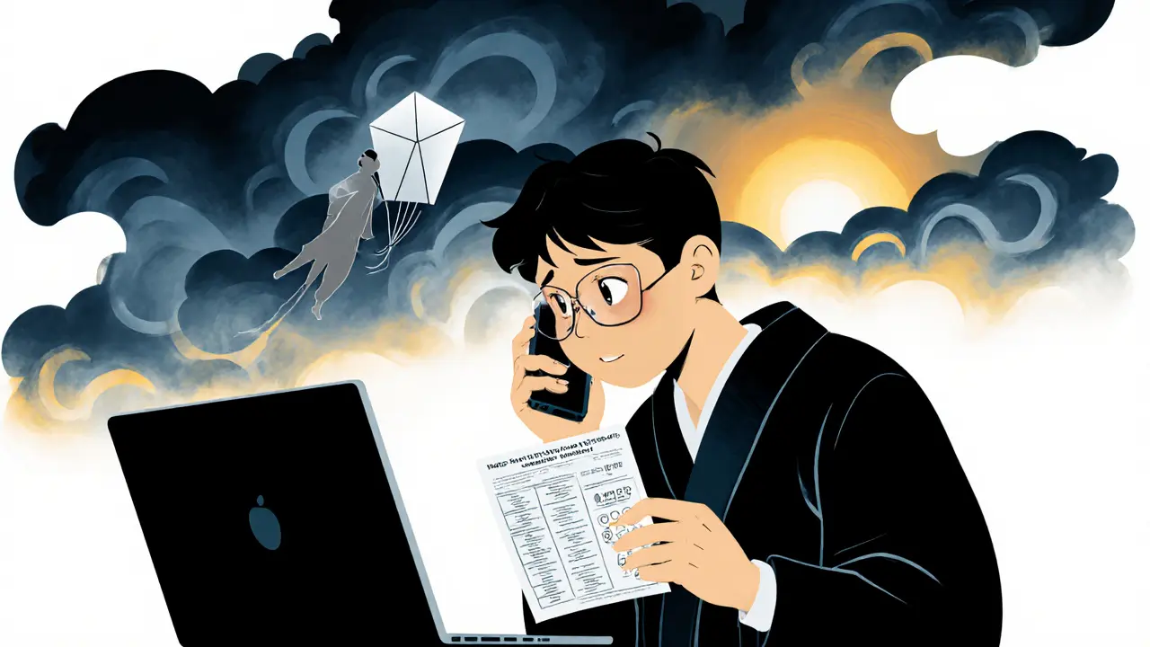 Klient po výpadku volá první kontakt z papírového plánu, zatímco terapeut posílá SMS, dramatické pozadí v stylu ukiyo‑e.