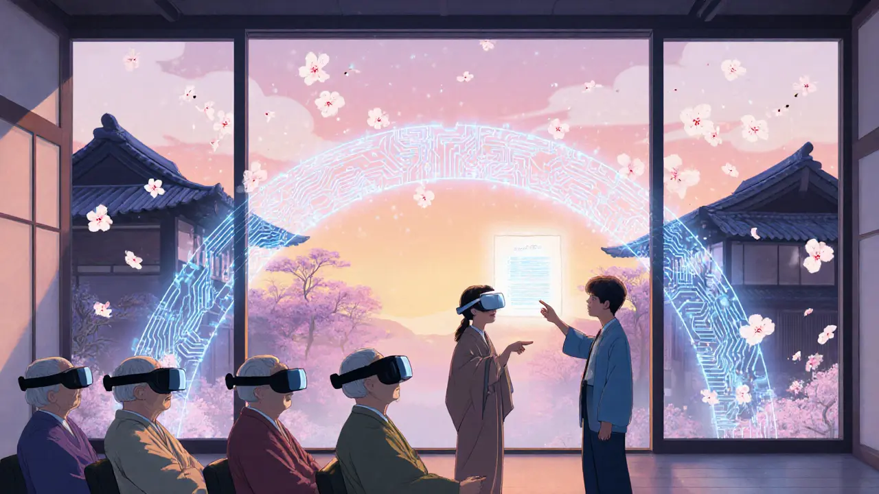 Skupina seniorů s virtuální realitou, dobrovolník pomáhá, digitální most spojuje domovy v optimistické krajině.