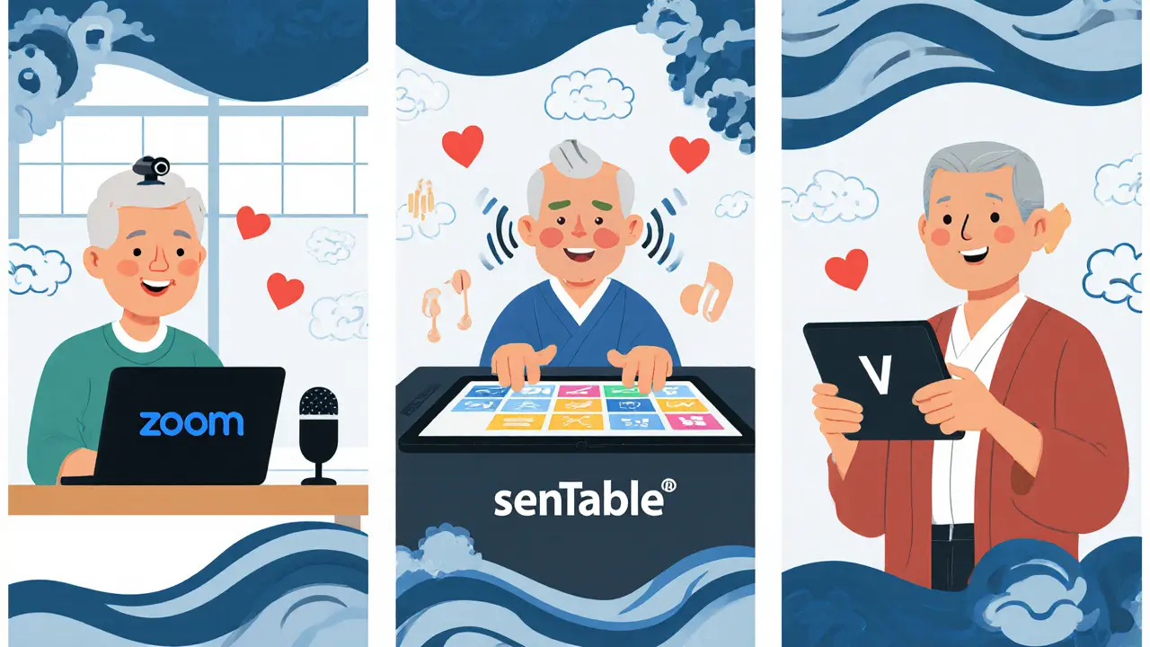 Tři senioři ukazují různé platformy – laptop s Zoom, velký dotykový senTable a tablet s V mezičase – s úsměvy a ikonami.