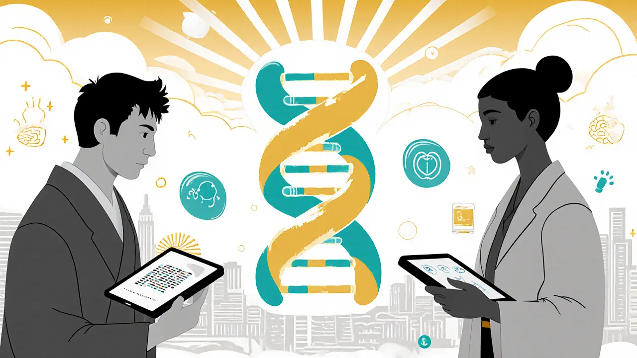 DNA helix a digitální tabulky s lékařskými siluetami, představují personalizovanou terapii.