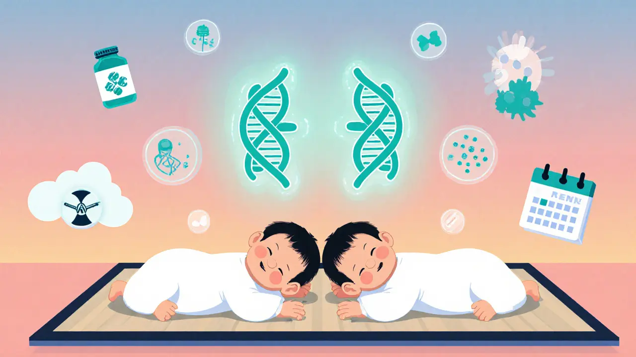 Identické dvojčata s genetickými symboly a okolními faktory, ukazující vliv genetiky.