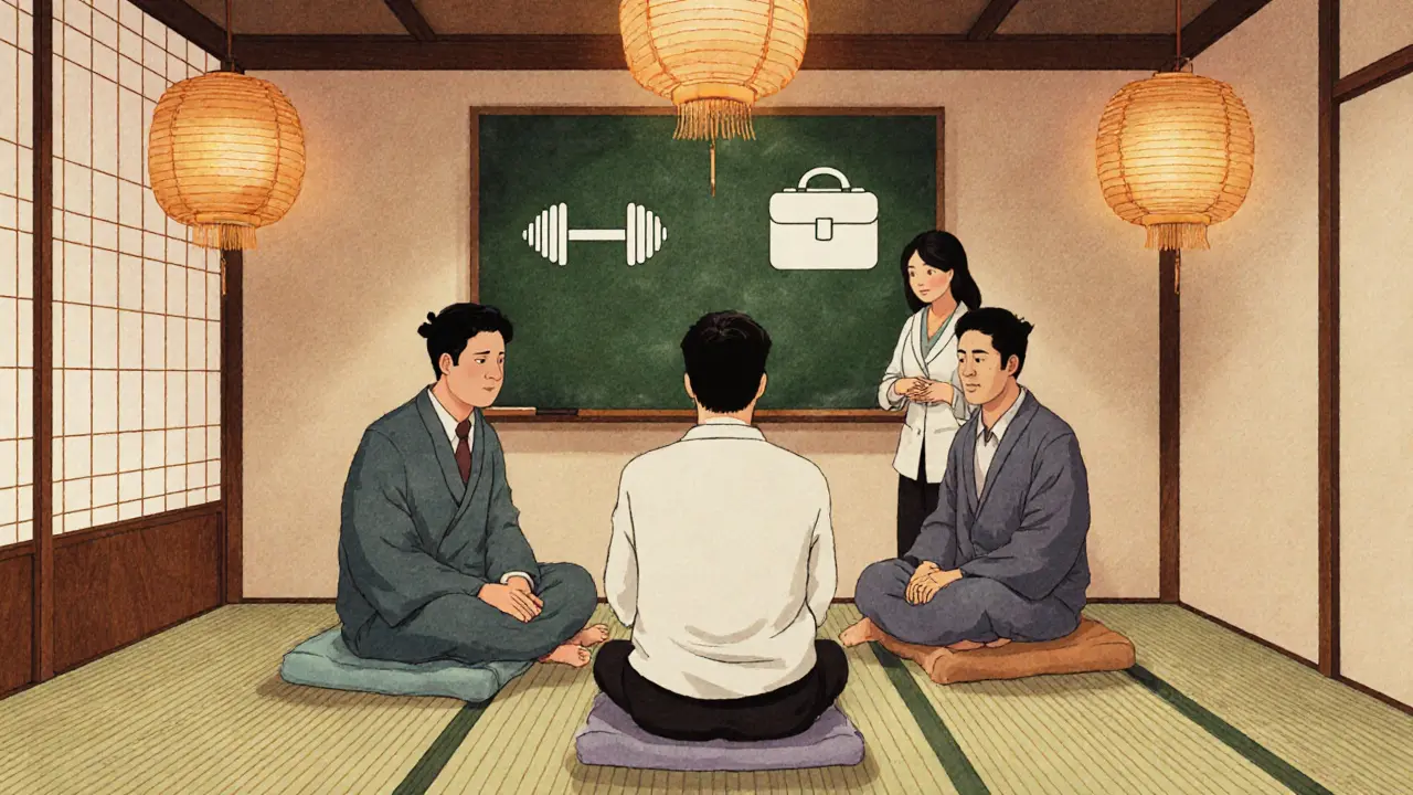 Skupinová terapie se dvěma muži a terapeutkou, zaměřená na tlak sportu a práce.