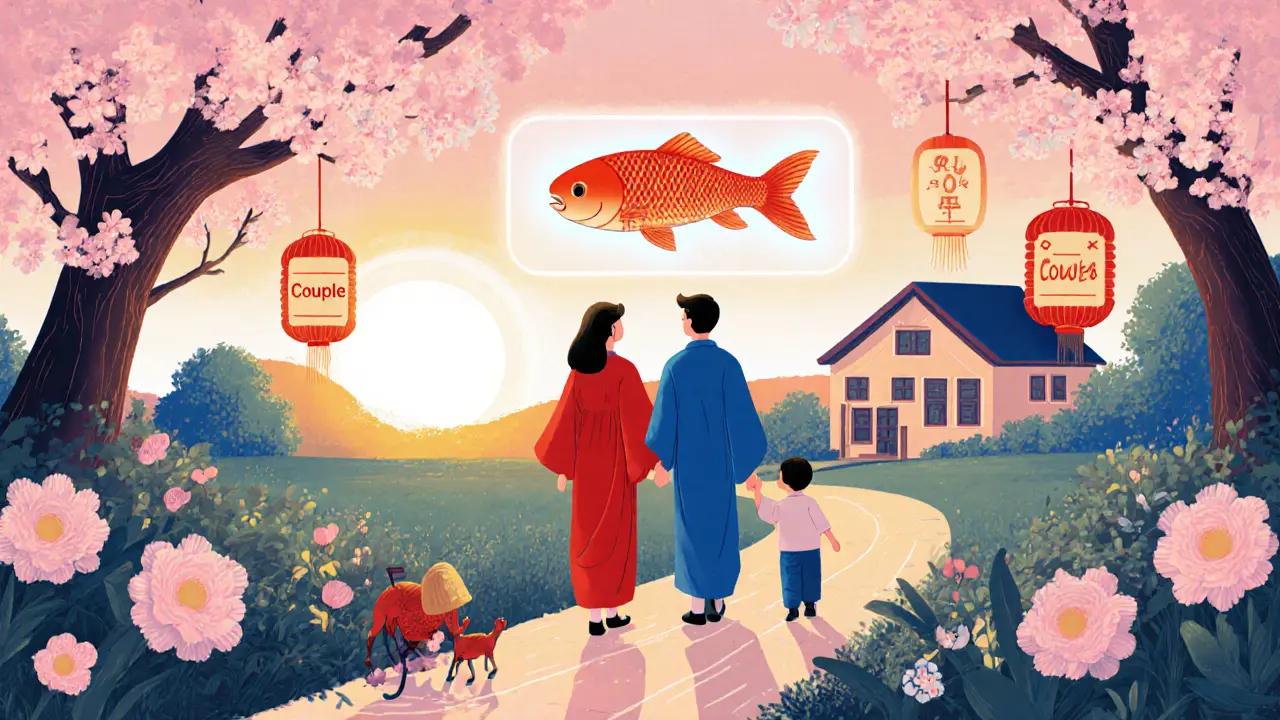 Šťastný pár v zahradě s AI hologramem a aplikacemi, ukázka obnovy vztahu v ukiyo-e stylu.