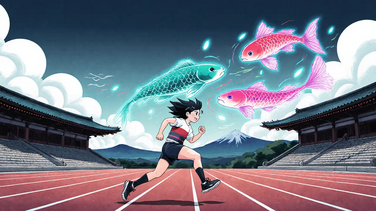 Teenager běží na dráze, dopamin a norepinefrin jako světélkující koi ryby.