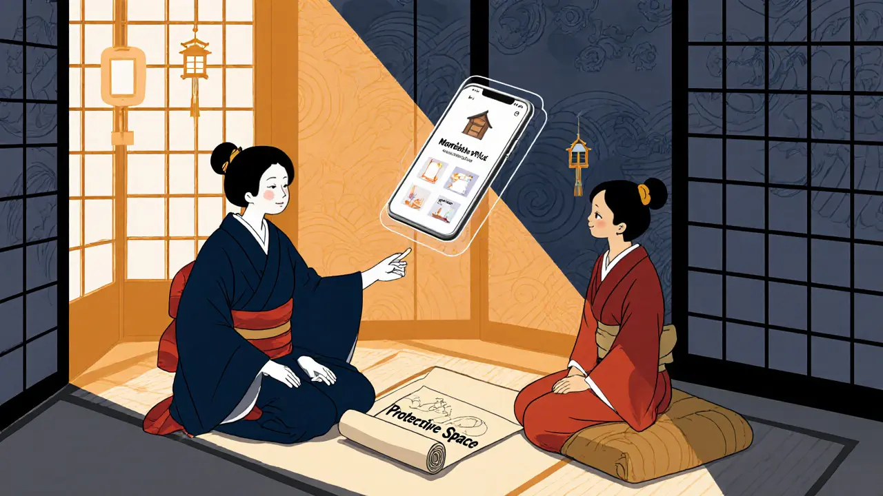 Terapeutická sezení ve stylizovaném pokoji s párem a moderní aplikací v ukiyo-e ilustraci.