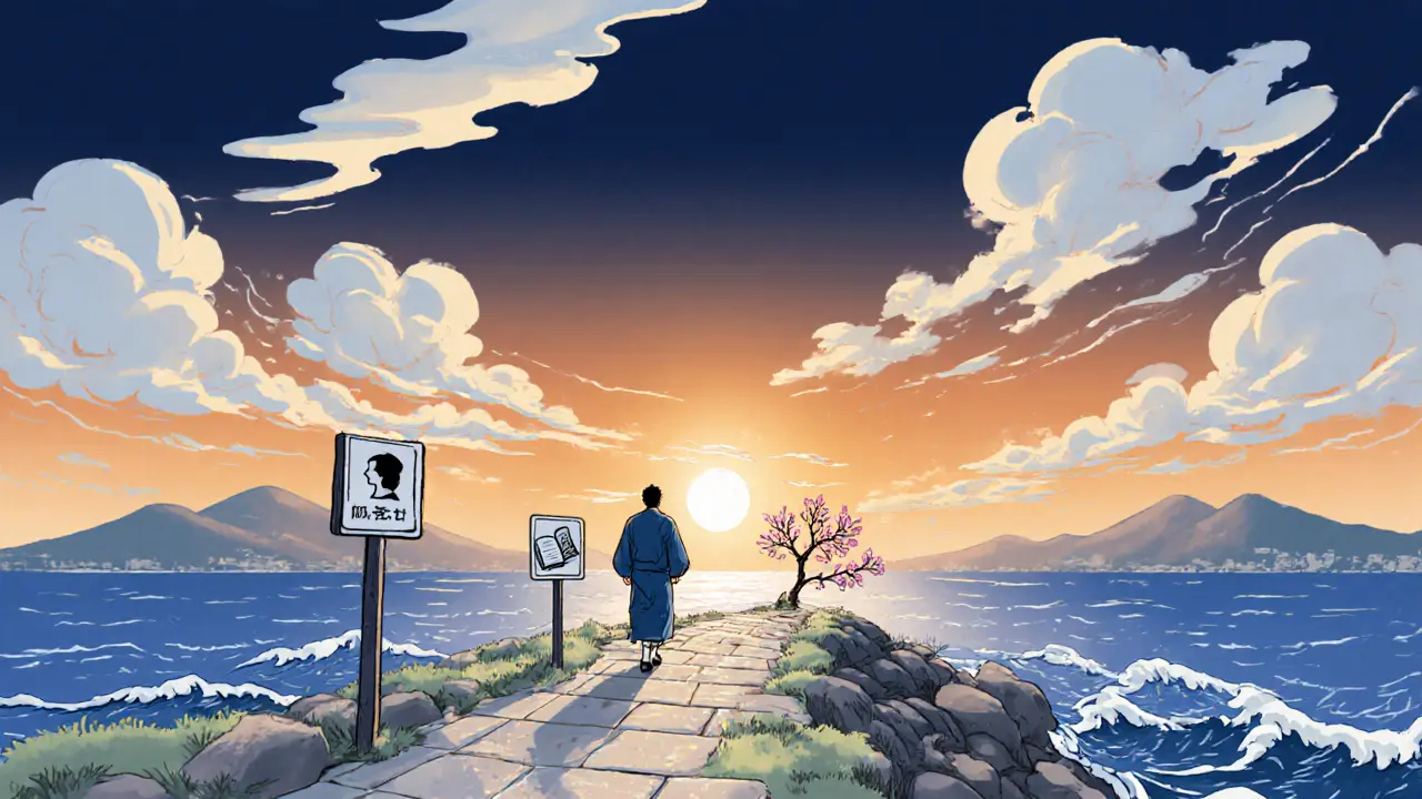 Postava kráčející po kamenné cestě k východu slunce nad klidným mořem.