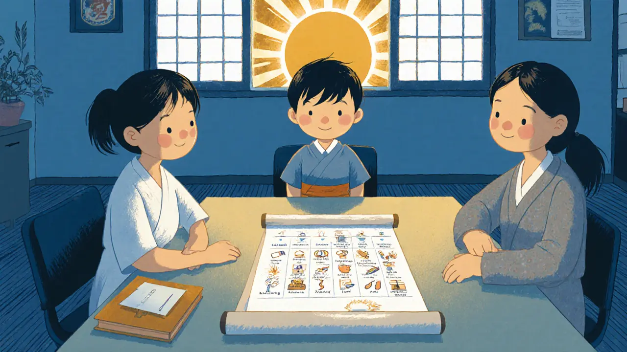 Rodič, učitel a žák diskutují individuální vzdělávací plán.