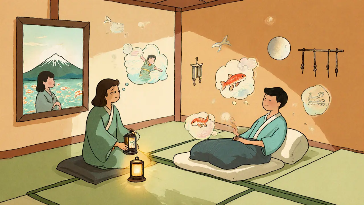 Terapeut a klient v tatami místnosti, vizualizace přenosu a archetypů.