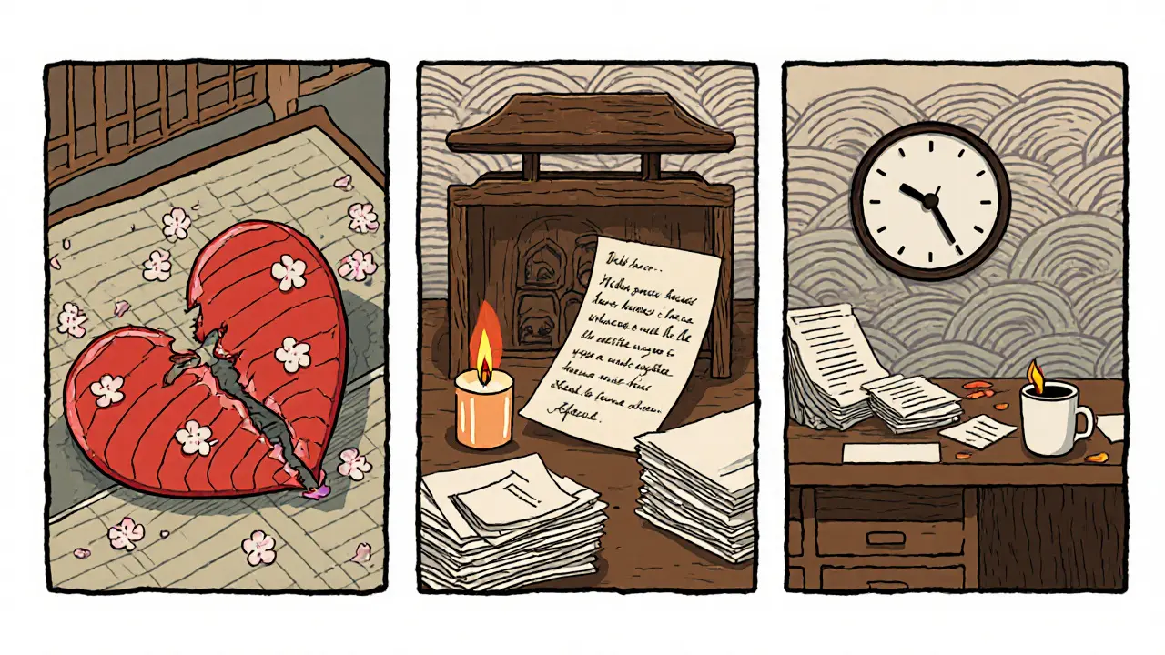 Trojice scén: rozbité srdce, svíčka u dopisu a hořící pracovní stůl.
