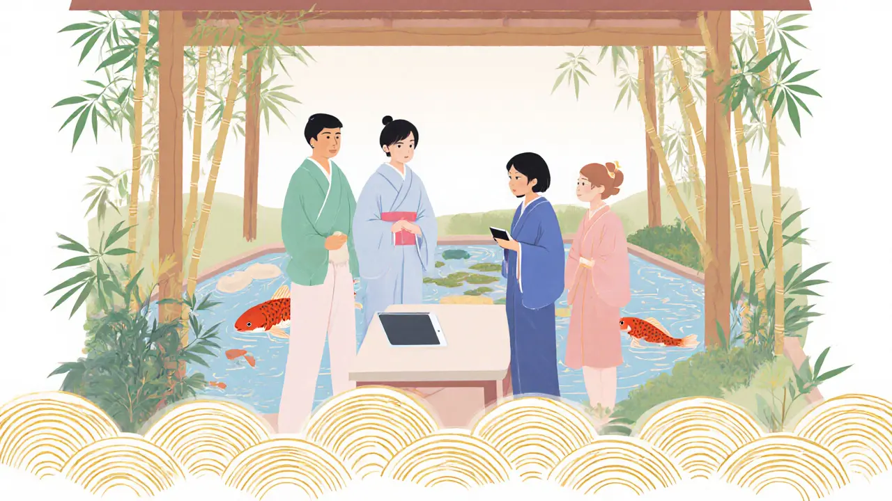 Tým terapeutů (muž a žena) s párem, moderní digitální prvky v zahradě.