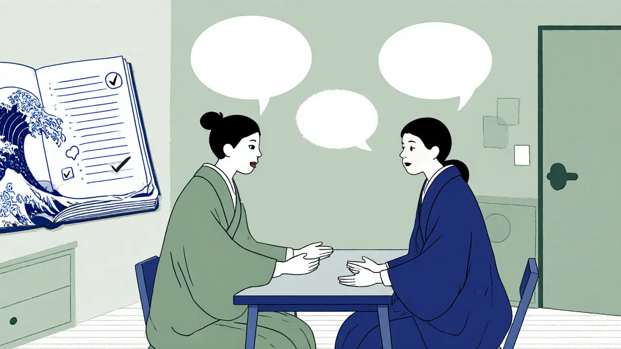 Dva lidé vedou klidný rozhovor, aktivně naslouchají, otevřený deník na stole.