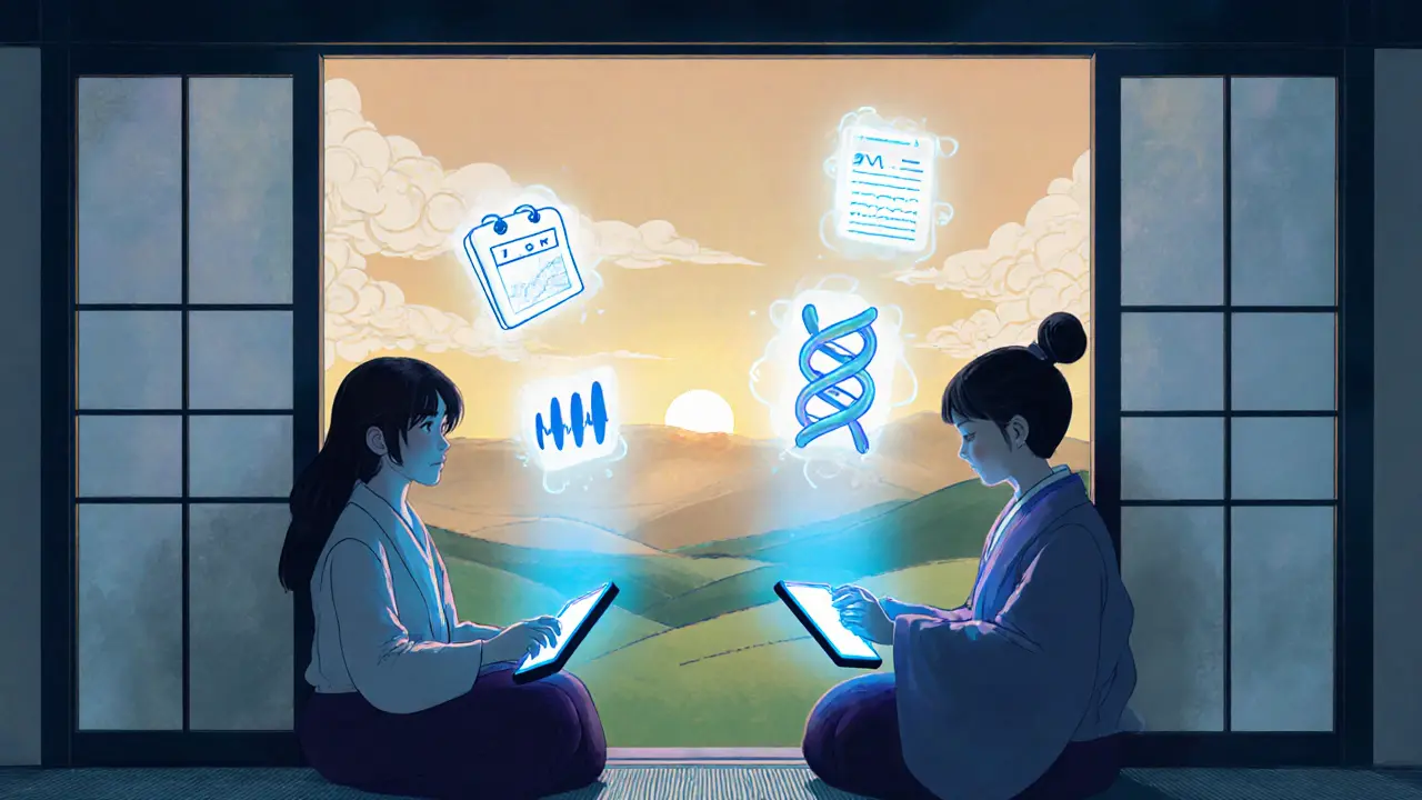 Hybridní KBT sezení s tablety a digitálními ikonami, v klidném pokoji v stylu ukiyo‑e.