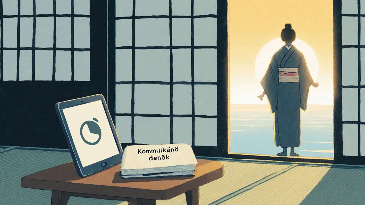 Klidná místnost s deníkem, aplikací na tabletu a terapeutem připraveným pomoci.