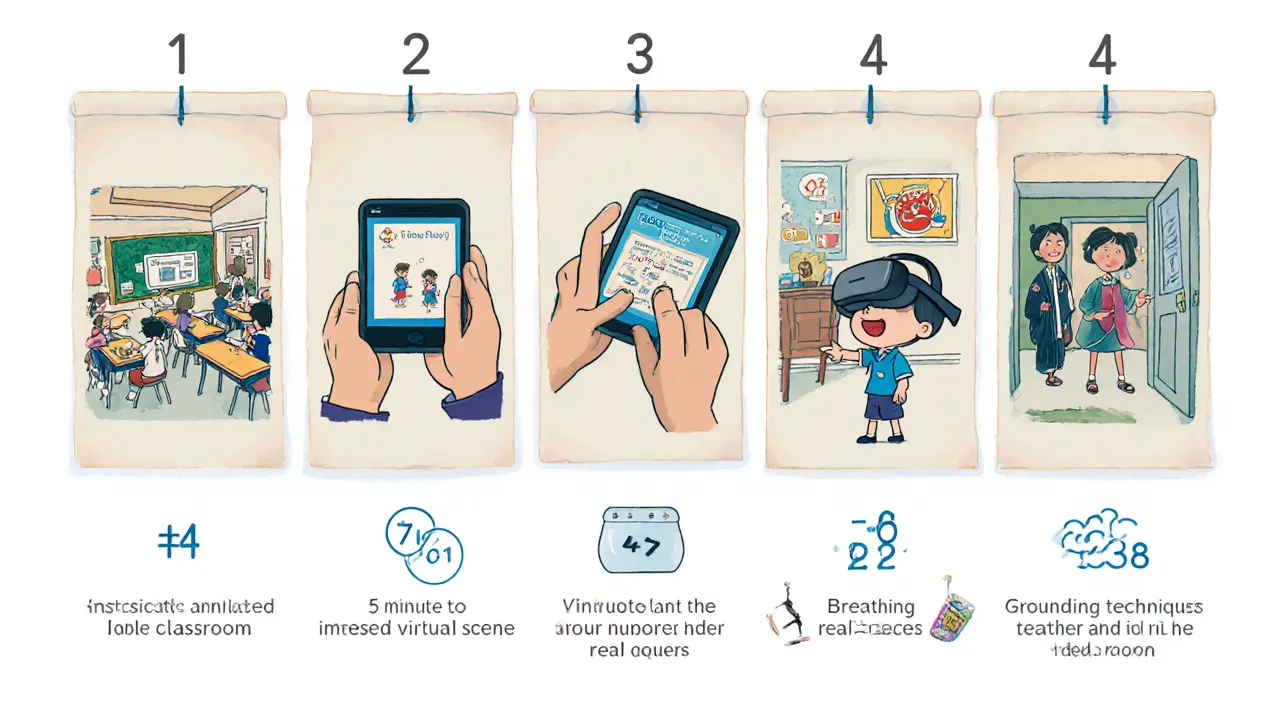 Postupný plán expozice: fotografie místnosti, video, aplikace, VR a reálná návštěva s uklidňovacími technikami.