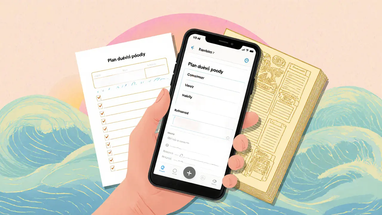 Ruka ovládá mobilní aplikaci s plánem duševní pohody, vedle papírový one‑pager a detailní sešit.
