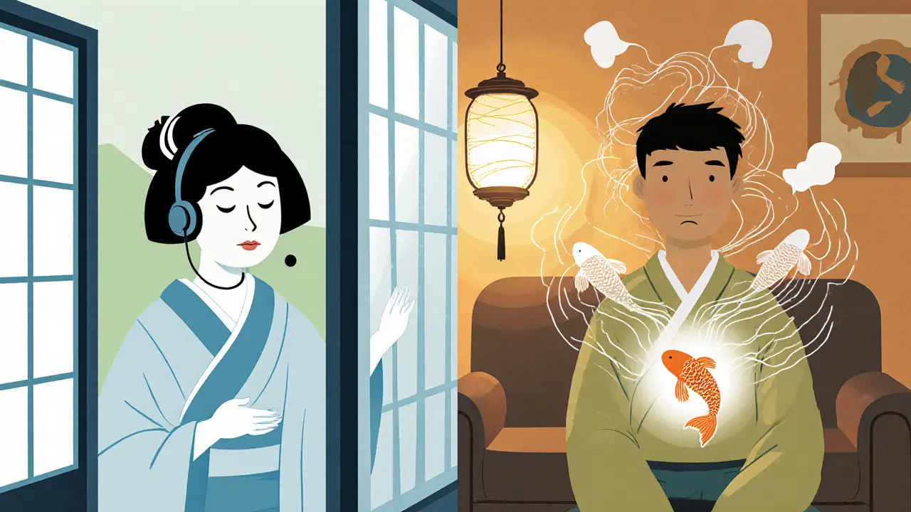 Telefonický rozhovor, terapeuta za závěsem, volající dýchá, vizuální vlny a koi.