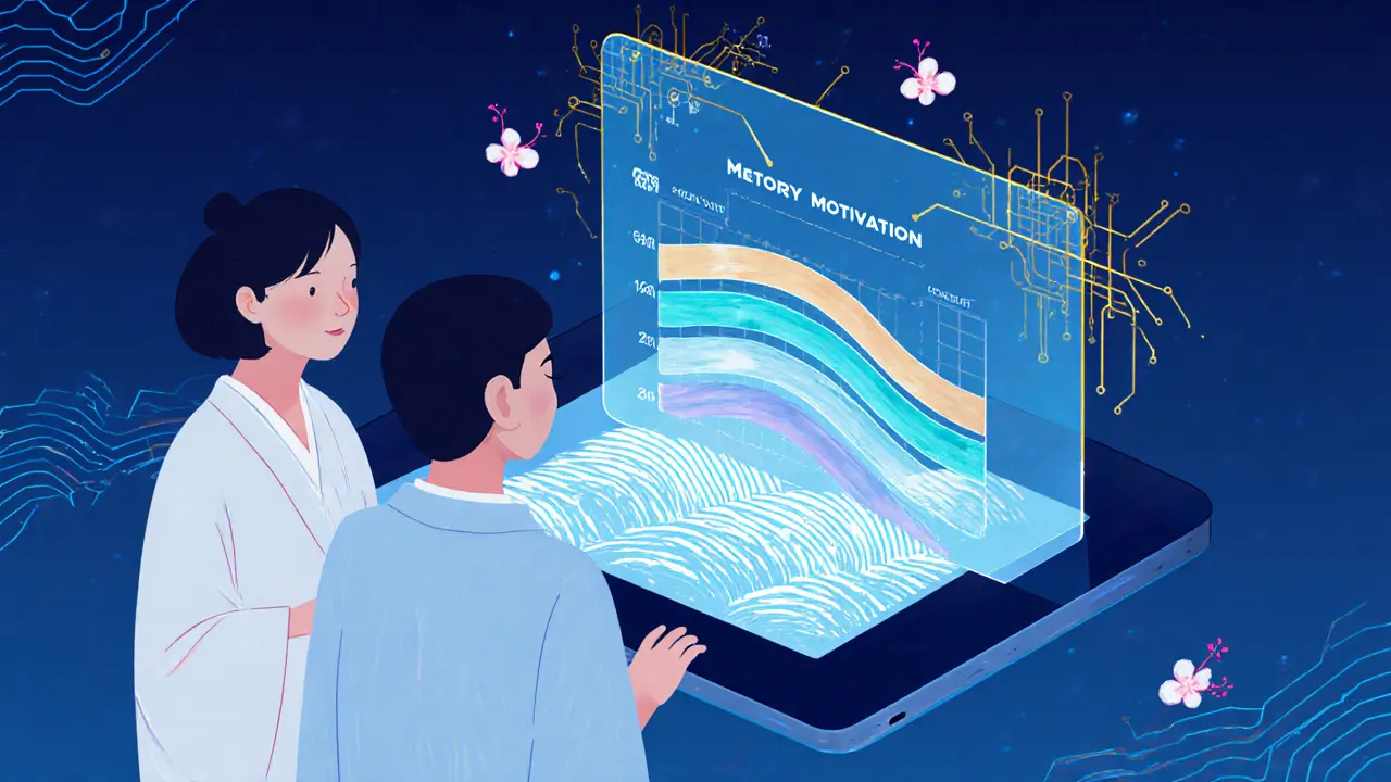 Terapeut a klient používají digitální tablet s hologramem motivace.