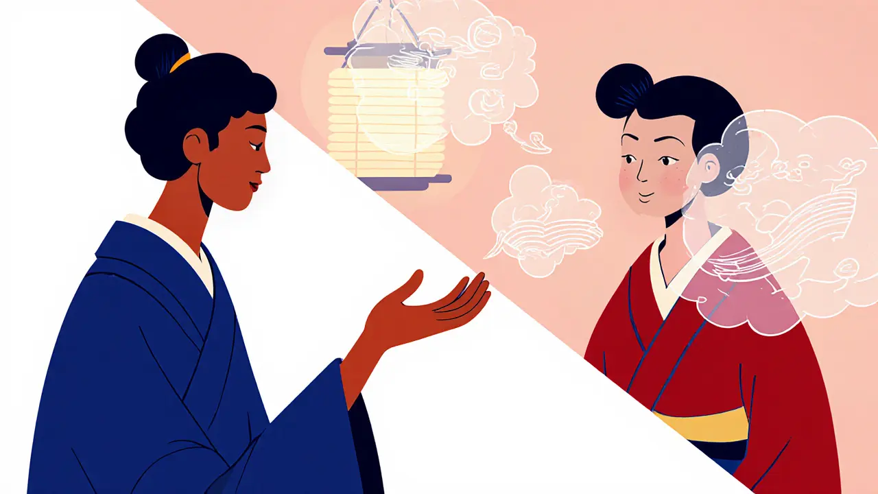 Terapeut klade otevřenou otázku, nad klientem se objevují myšlenkové bubliny.