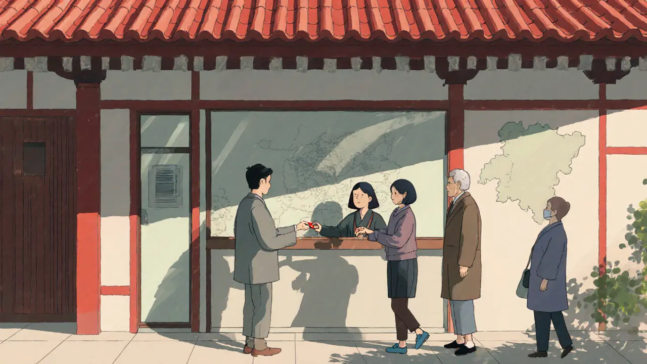 Vnější pohled na krizové centrum, lidé vstupují, přátelská recepce.