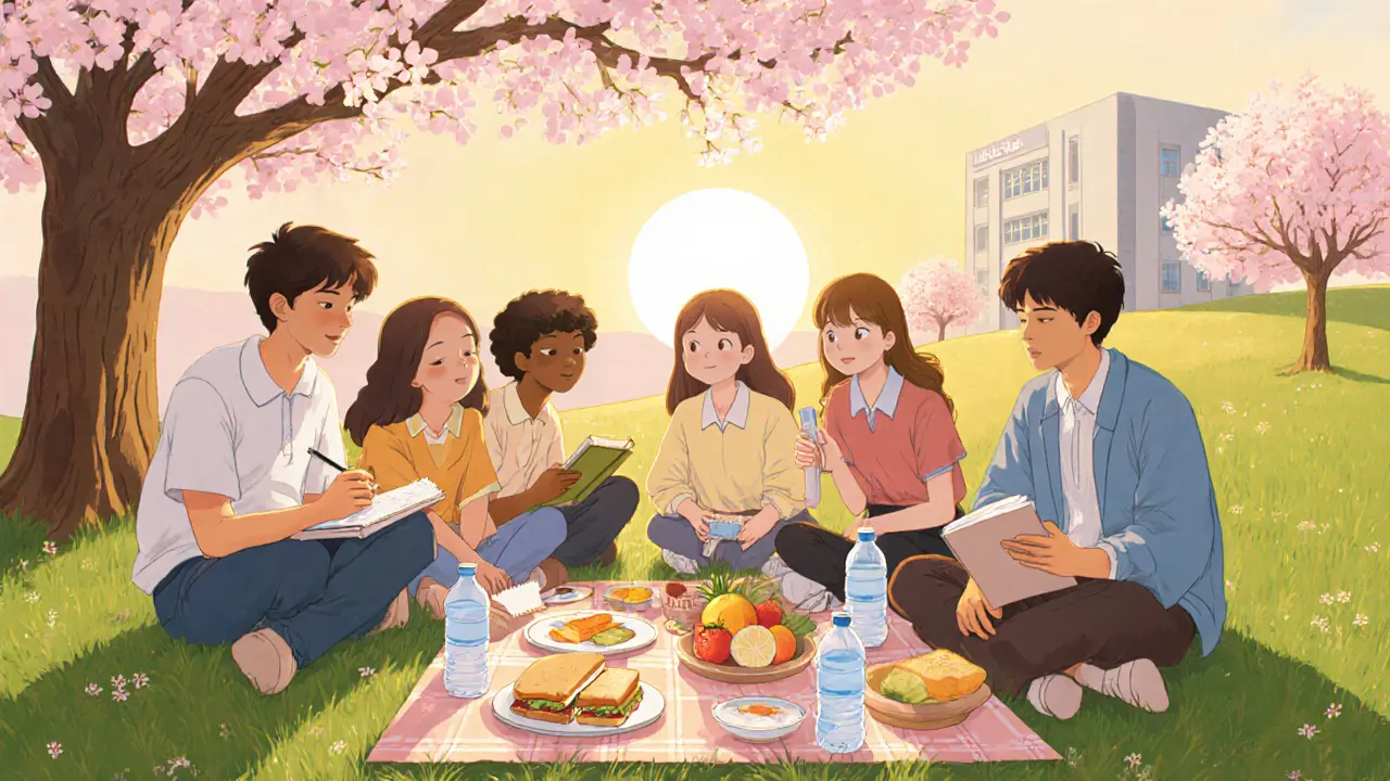 Skupina teenagerek po léčbě, piknik v parku, symbolizuje optimismus a podporu.