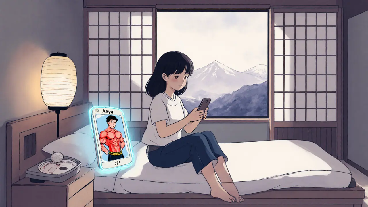 Teenagerka Anya_23 s telefonem a váhou, cítí se špatně.