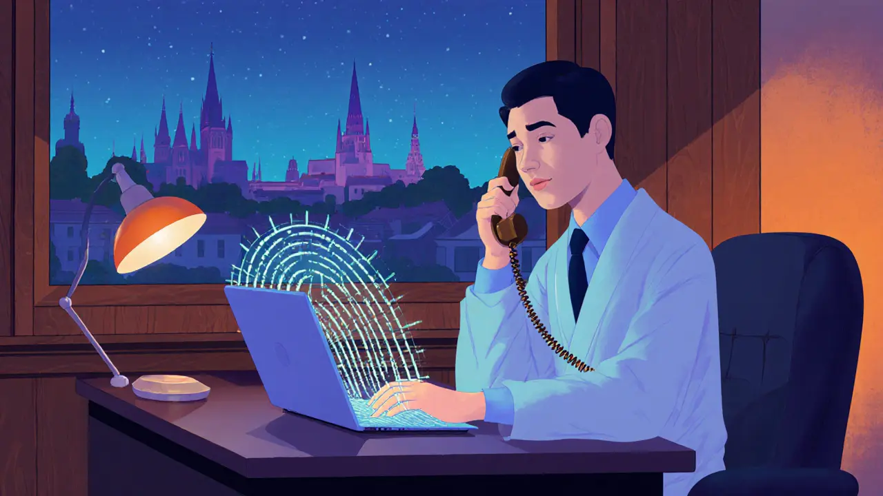 Terapeut poskytuje podporu přes telefon, symbolizuje spojení moderní technologie a tradice.