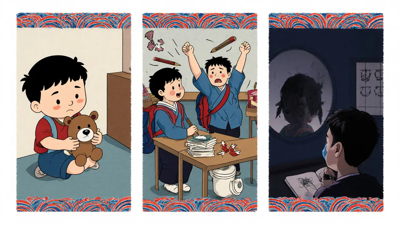 Tři panely: předškolák s regresí, školák s výbuchem hněvu, teenager kreslí temnou kresbu.