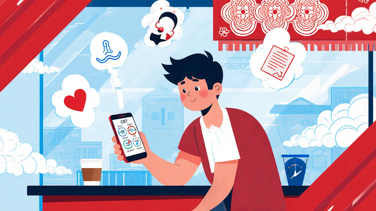 Osoba v kavárně používá self‑help aplikaci s ikonkami CBT a dechových cvičení.