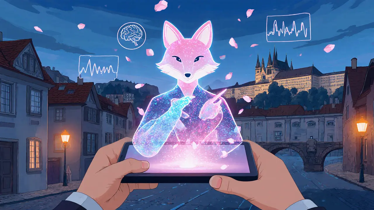 Pražská silueta s digitálním duchem AI, ukazující budoucnost kognitivních technik.