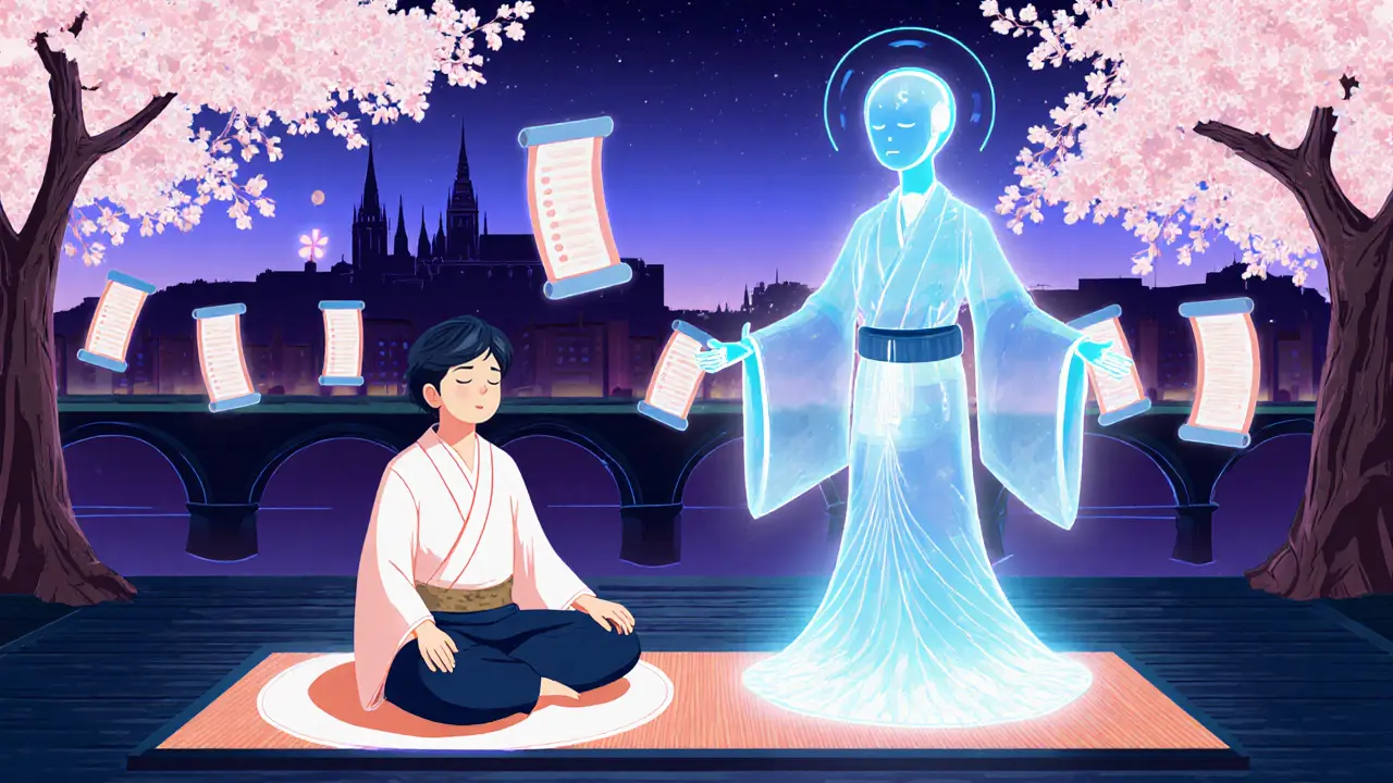 Uživatel s AI duchem dostává personalizovaný modul, v pozadí Praha a sakury.