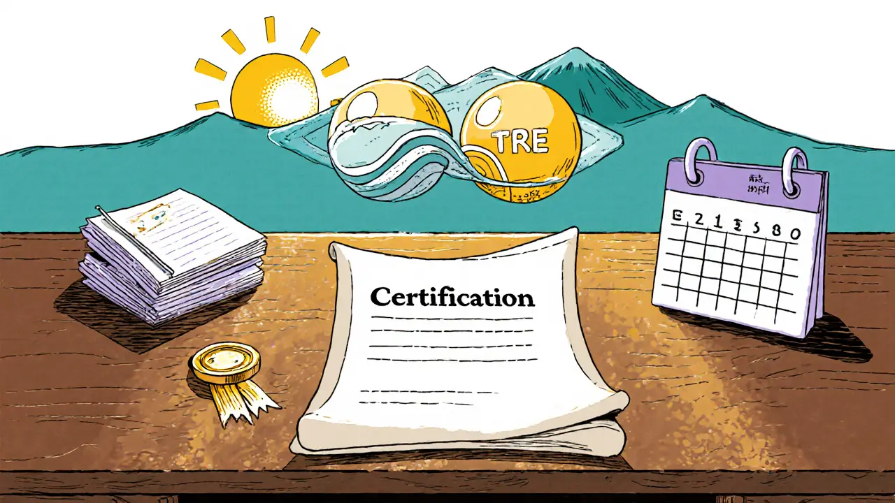 Certifikace, supervize a kombinace terapeutických metod zobrazené jako symboly pod východem slunce.