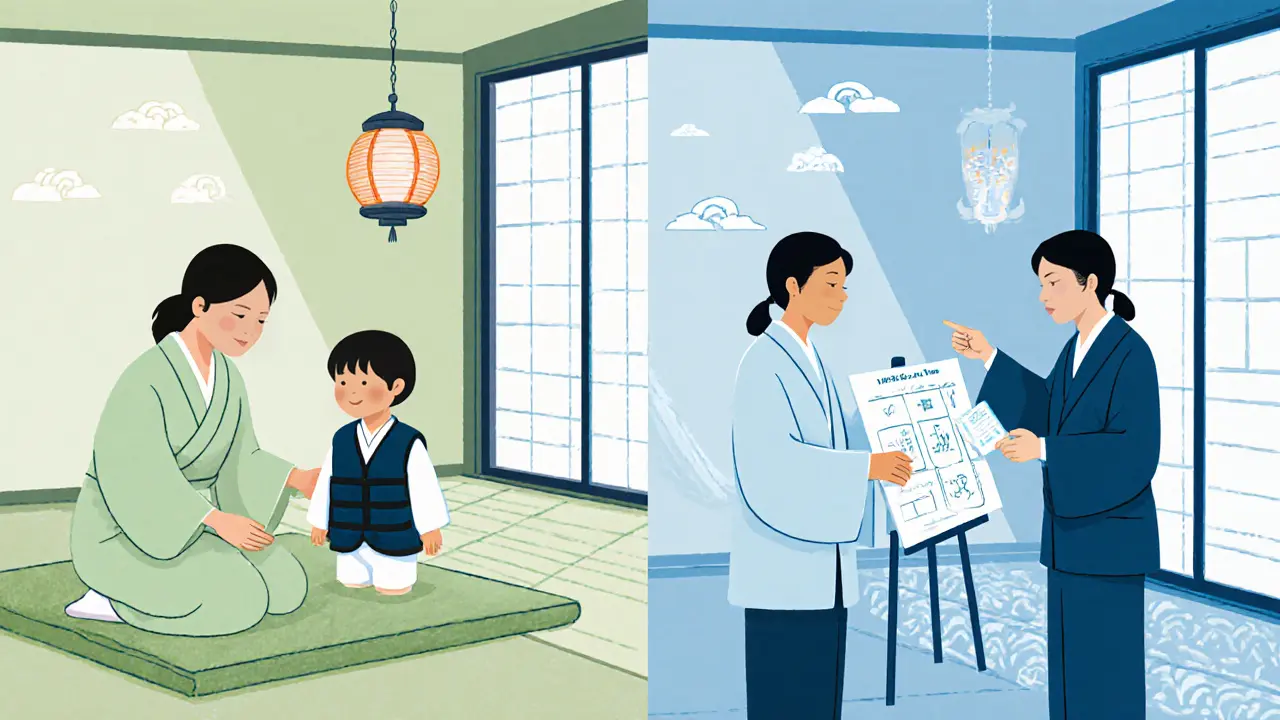 Dva terapeutové – jeden s citlivým přístupem a vibrační podložkou, druhý s ABA kartou – v rozděleném prostoru.