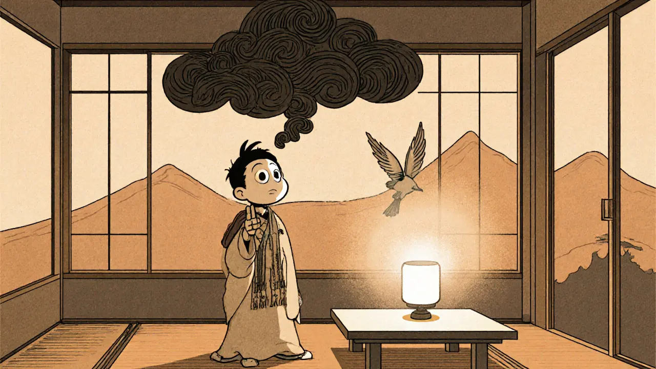 Klient v obýváku odměňuje úzkostnou myšlenku a proměňuje ji v bublinu „to je jen myšlenka“.