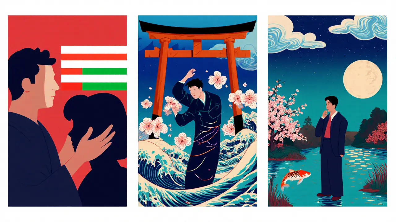 Scéna ukazující EMDR, TRE a Gestalt terapie v stylu ukiyo-e, zdůrazňující bezpečnost.