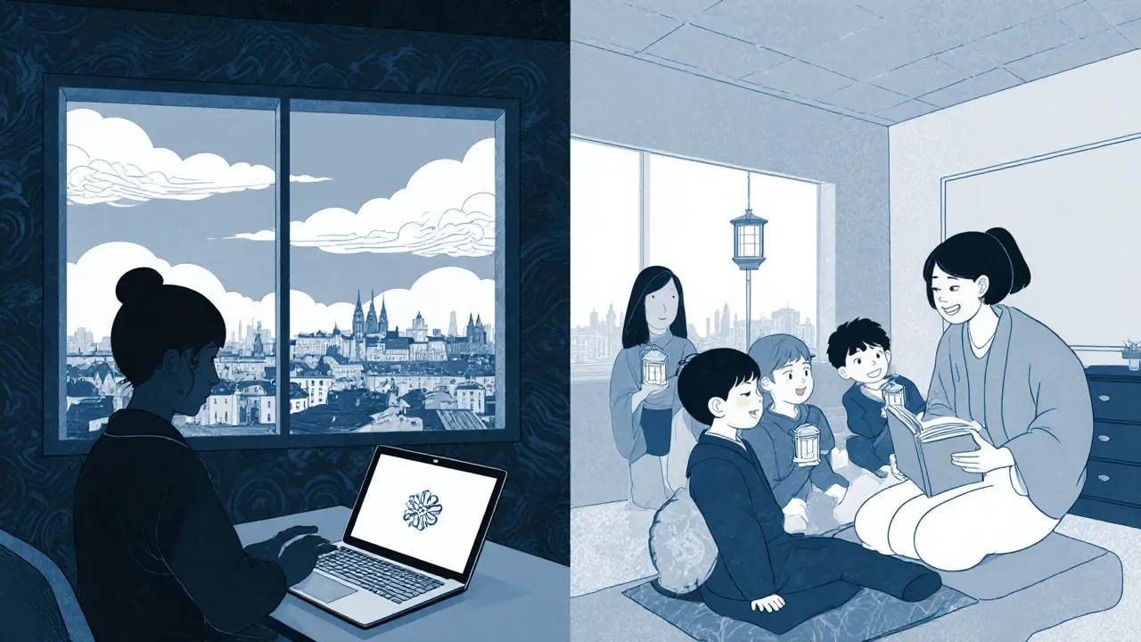 Terapeut a klient během videokonference, děti v třídě se učí ACT, vše v ukiyo‑e ilustraci.