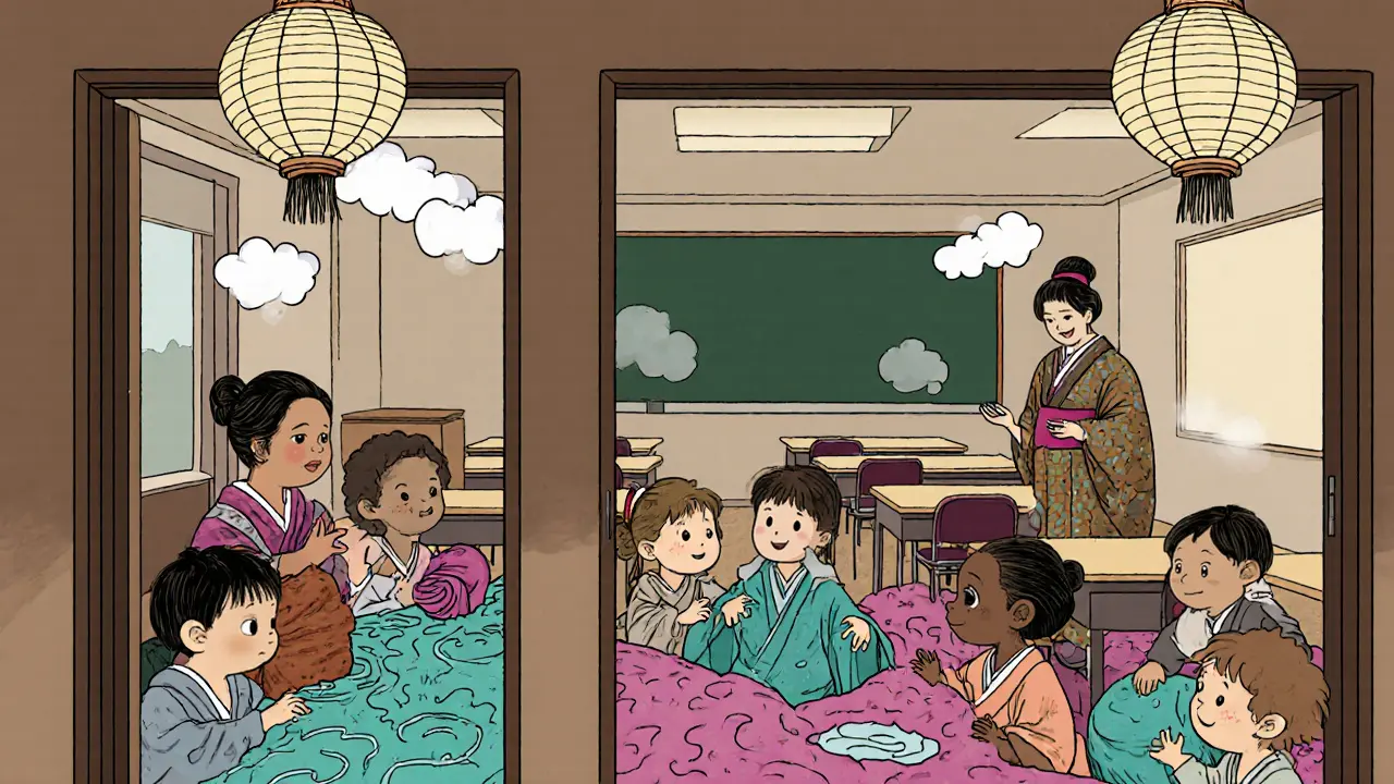 Třída s otevřenou Snoezelen místností, kde děti používají senzorické pomůcky pod vedením učitele.