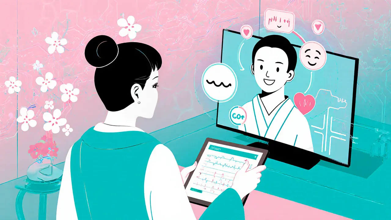 Budoucí AI a rozšířená realita v telepsychologii, ukiyo-e styl.