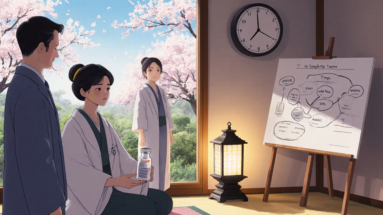 Lékař podává pacientovi pilulky, zatímco terapeut ukazuje myšlenkový diagram.