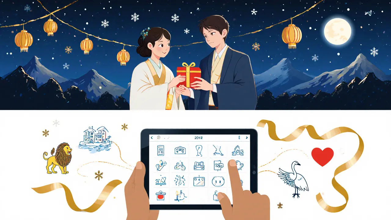 Pár slaví svátky obou kultur a používá online kalendář v japonském stylu.