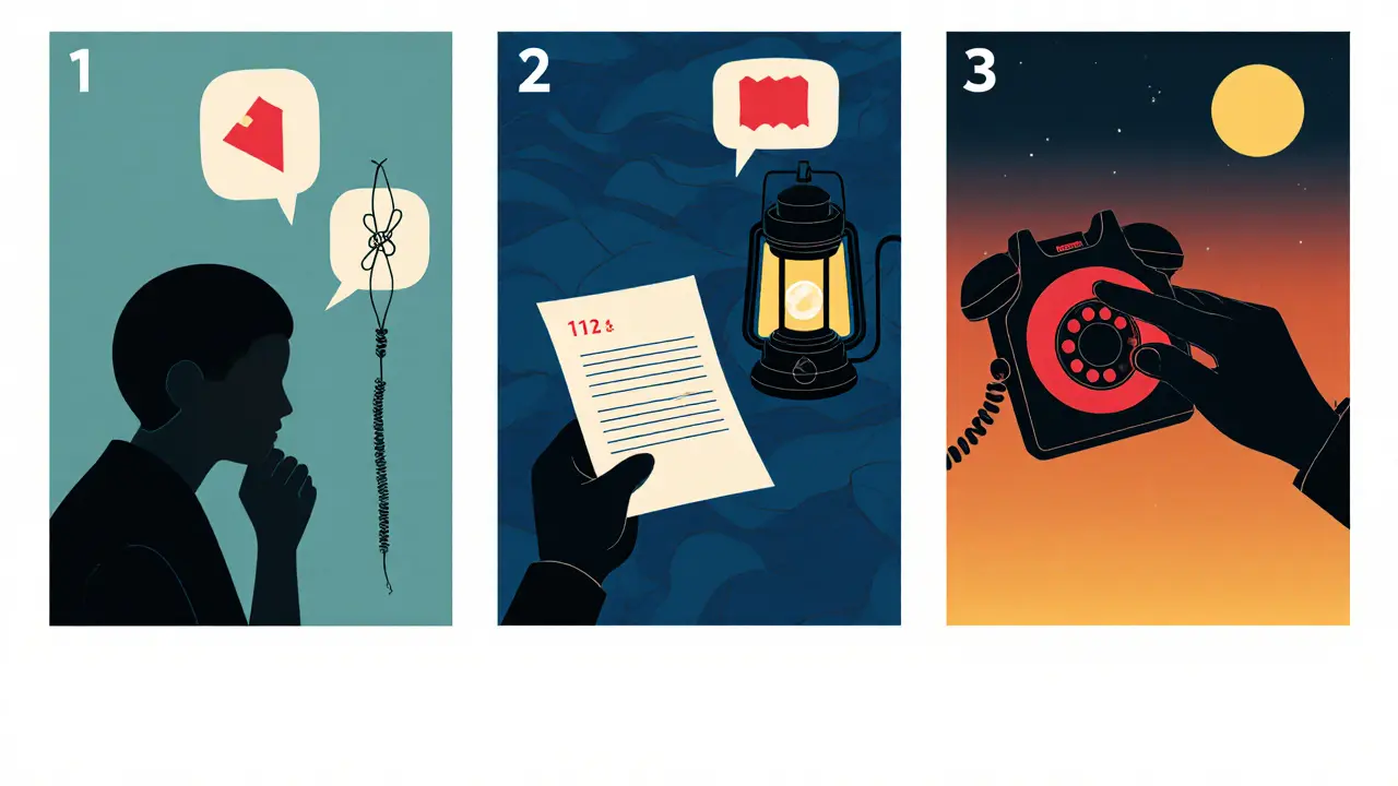 Tři sekvence ukazují rozpoznání rizika, hodnocení a volání pomoci.