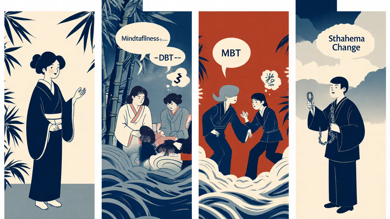 Čtyři panelové obrázky ukazují terapie DBT, MBT, TFP a ST v tradičním ukiyo‑e stylu.