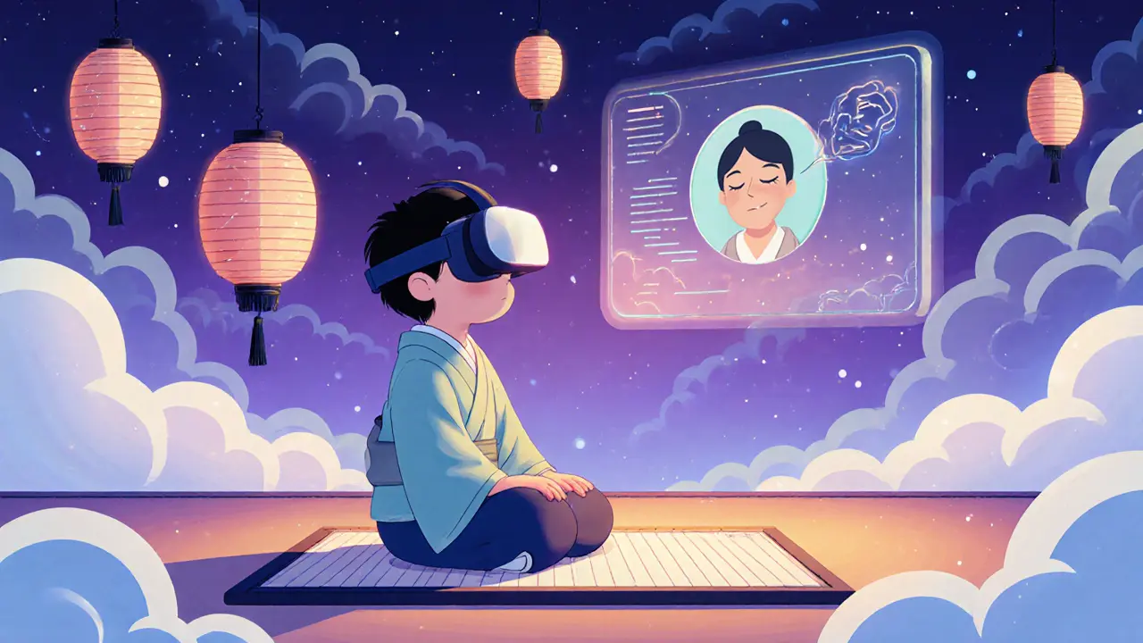 Dítě s VR brýlemi zobrazené v bezpečném virtuálním prostředí.