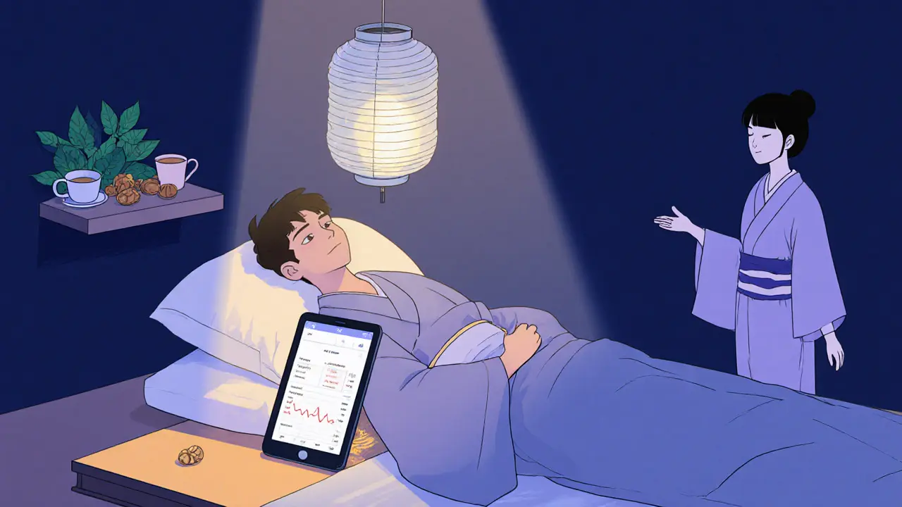 Klidná spící postava, zdravý životní styl, terapeut a aplikace v pozadí.