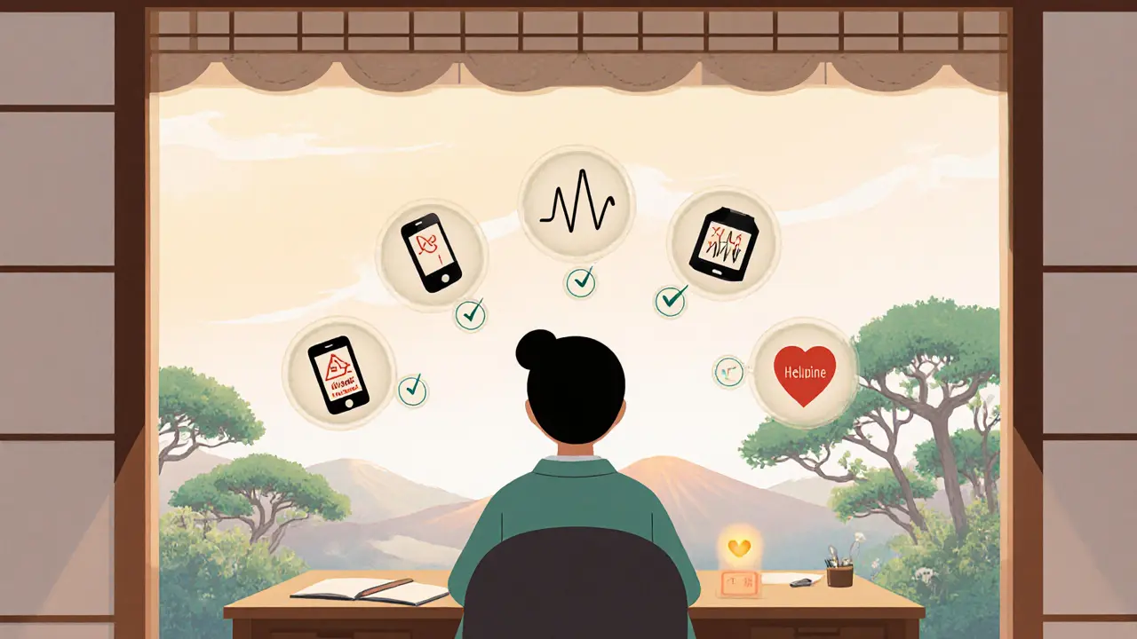 Osoba kontroluje bezpečnostní plán s ikonami šest kroků, v klidném zahradním prostředí.